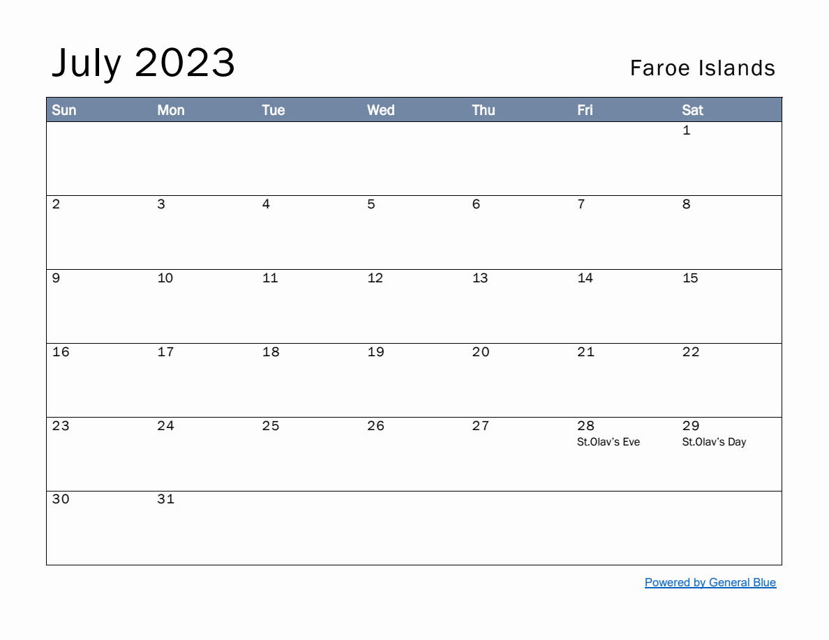 Free Monthly Calendar Template for July 2023 with Faroe Islands Holidays