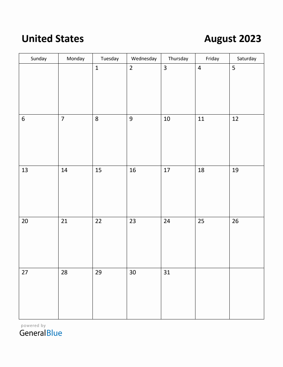 Free Printable August 2023 Calendar for United States