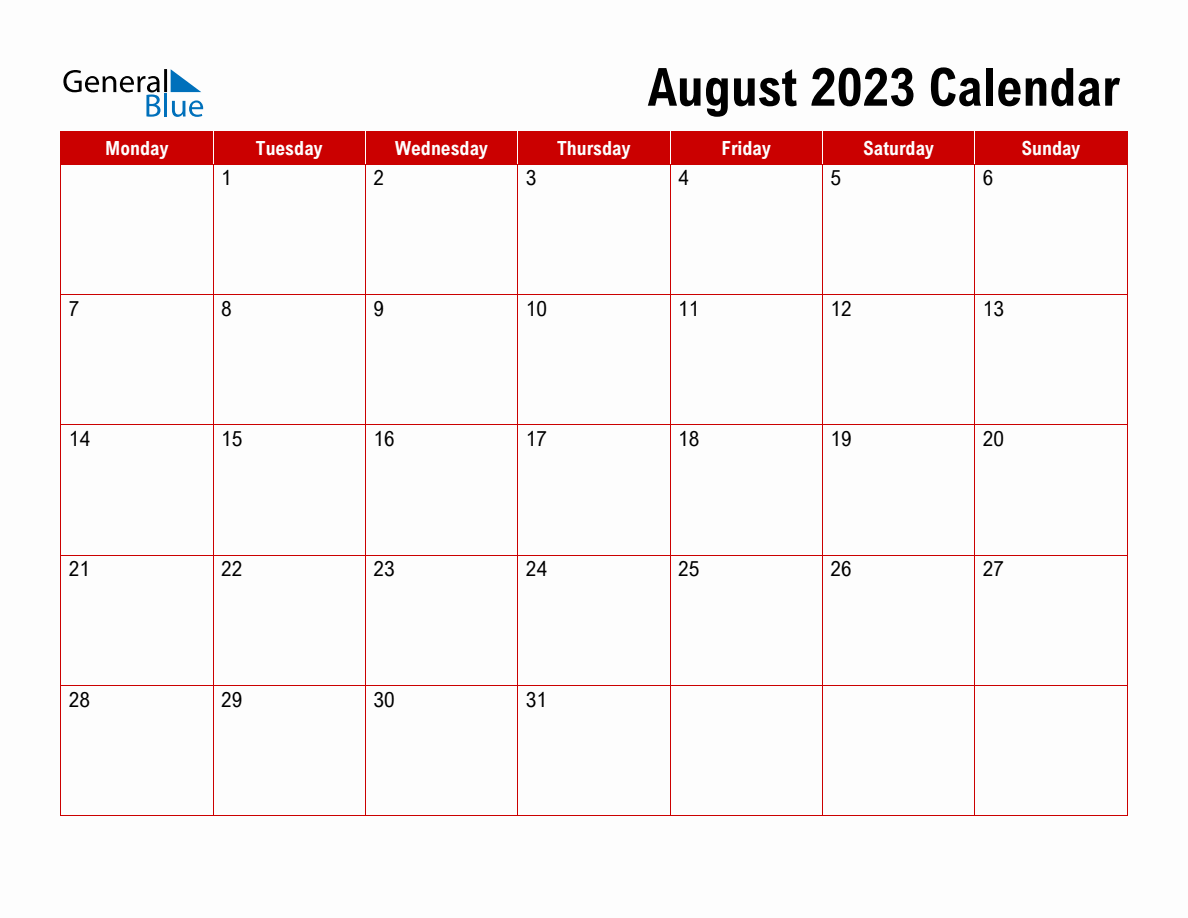 Basic Monthly Calendar - August 2023 - Monday Start
