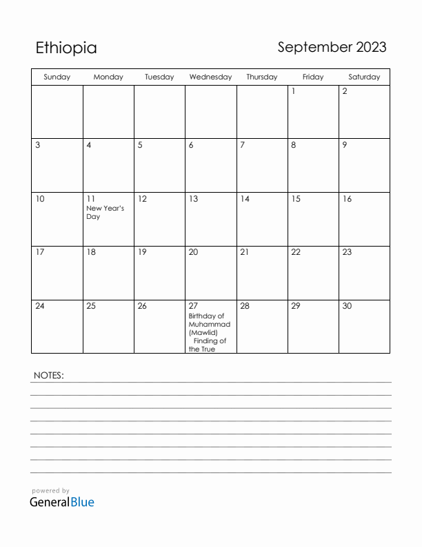 September 2023 Ethiopia Calendar with Holidays (Sunday Start)