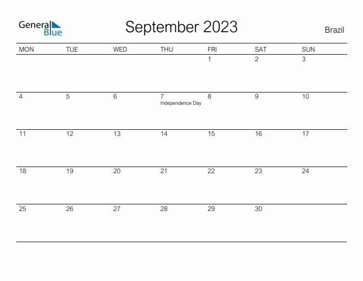 Printable September 2023 Calendar for Brazil
