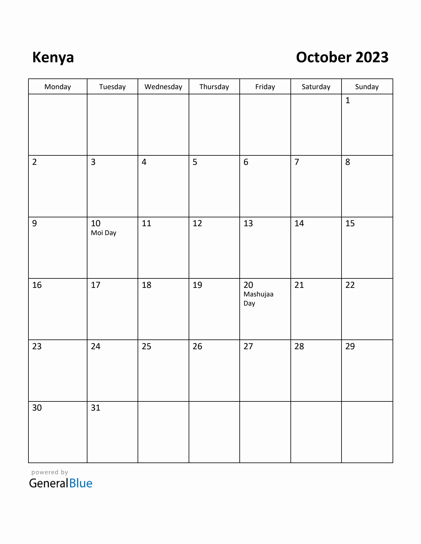 October 2023 Calendar with Kenya Holidays