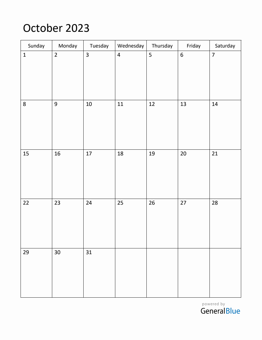 Editable October 2023 Monthly Calendar