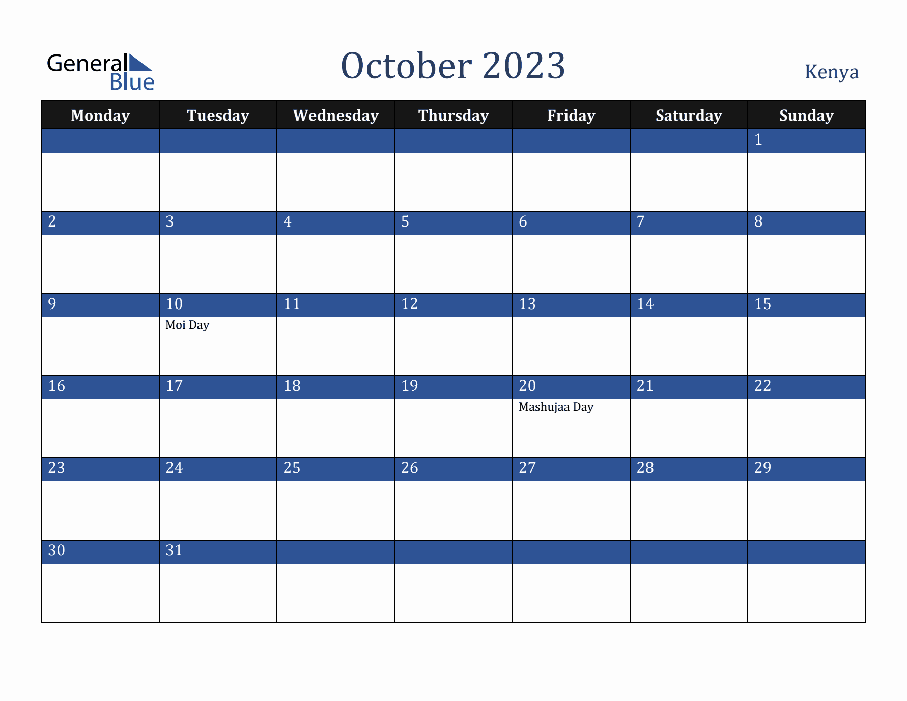 October 2023 Kenya Calendar (Monday Start)