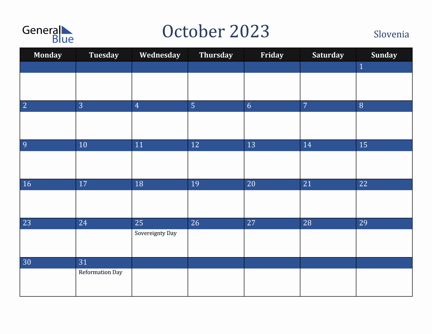 October 2023 Slovenia Calendar (Monday Start)