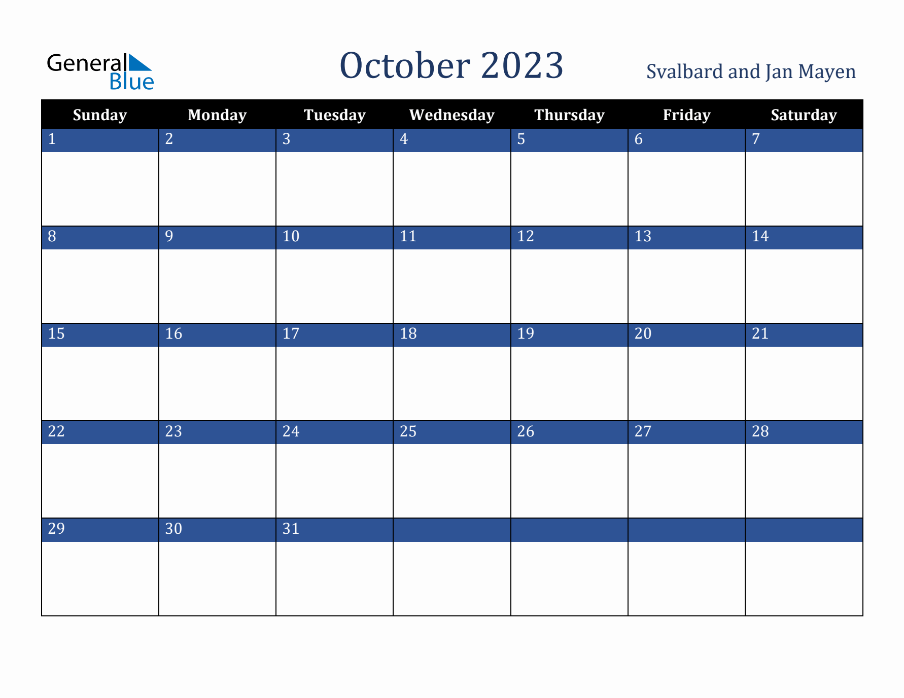 October 2023 Svalbard and Jan Mayen Calendar (Sunday Start)