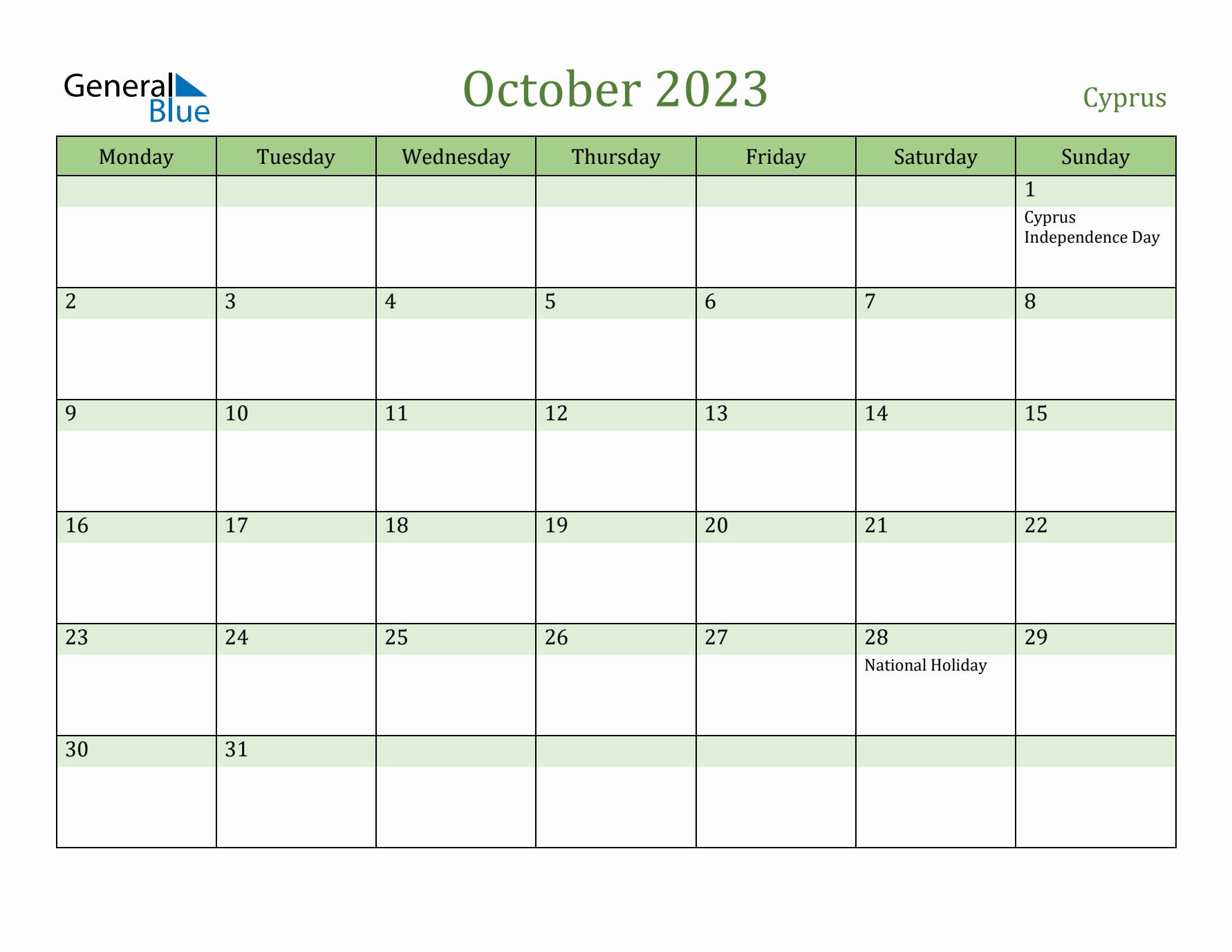 October 2023 Calendar with Cyprus Holidays