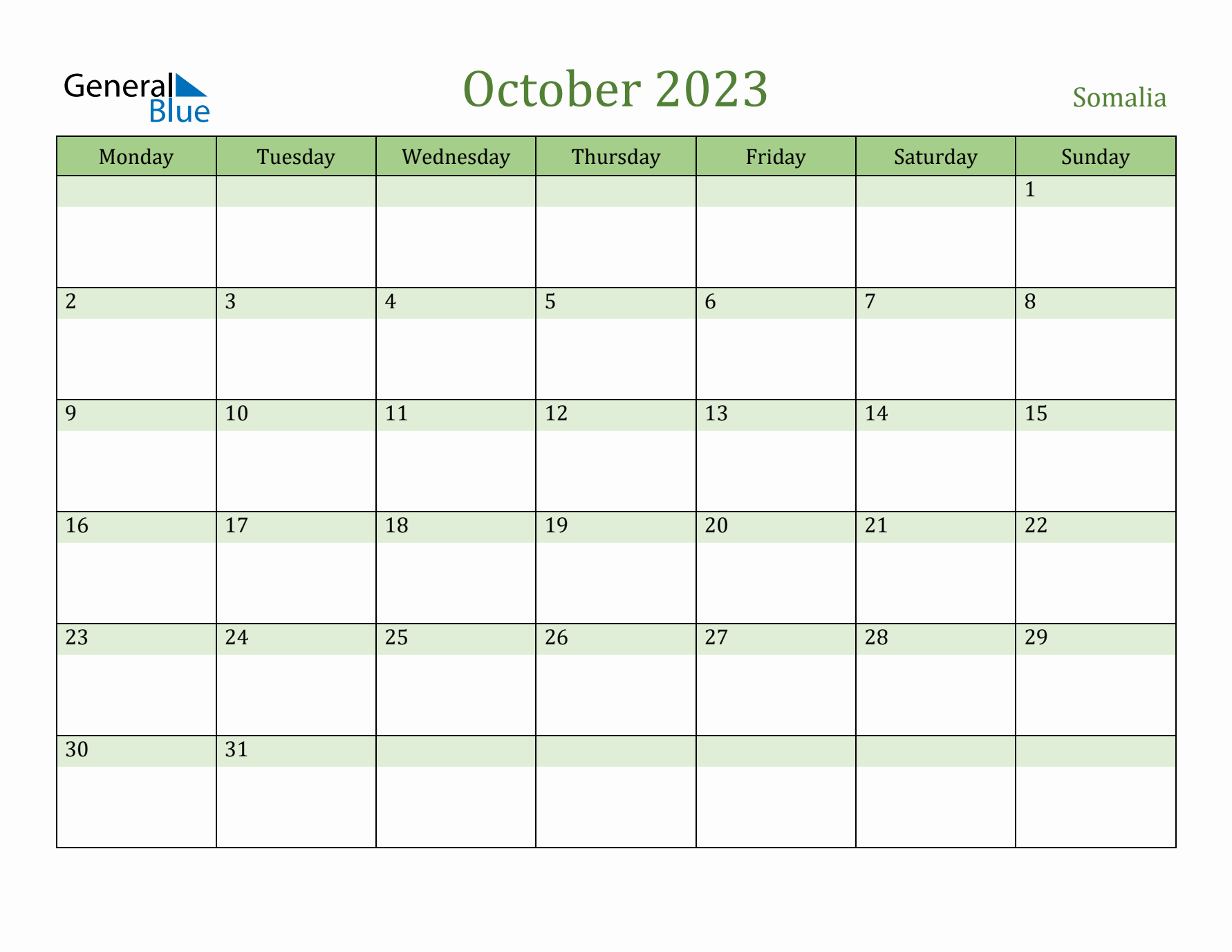 October 2023 Calendar with Somalia Holidays