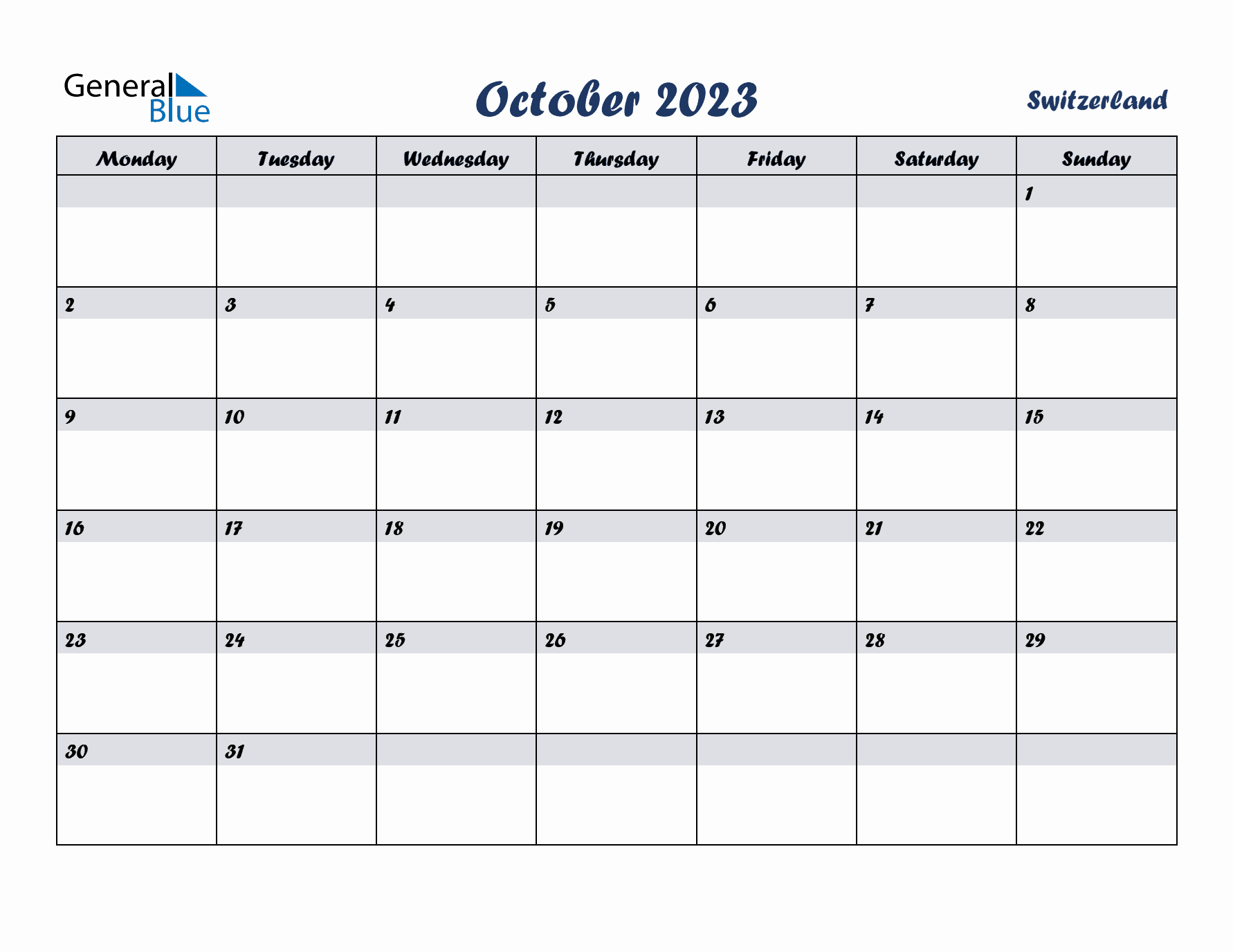October 2023 Calendar with Holidays in Switzerland