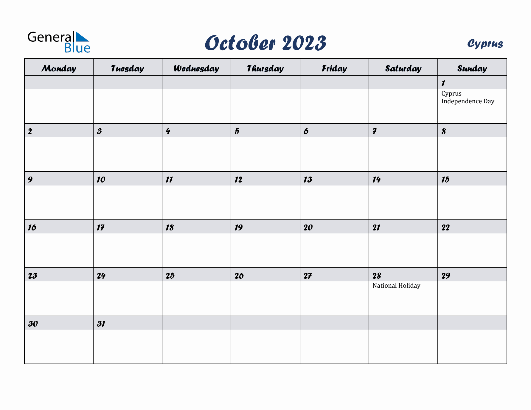 October 2023 Calendar with Holidays in Cyprus
