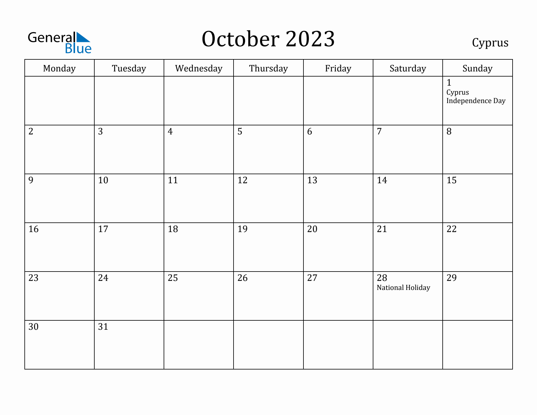 October 2023 Calendar Cyprus