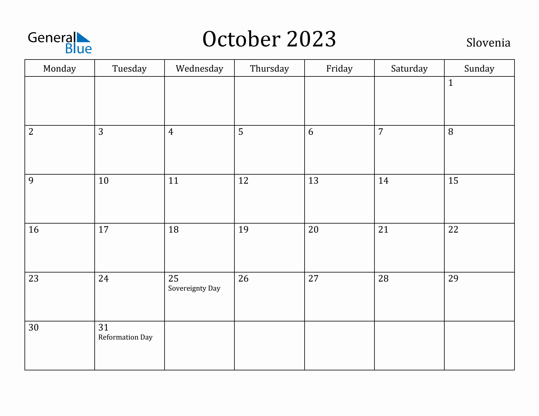 October 2023 Calendar Slovenia
