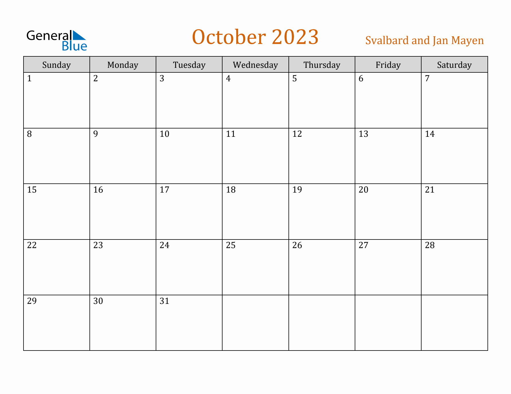 October 2023 Holiday Calendar with Sunday Start