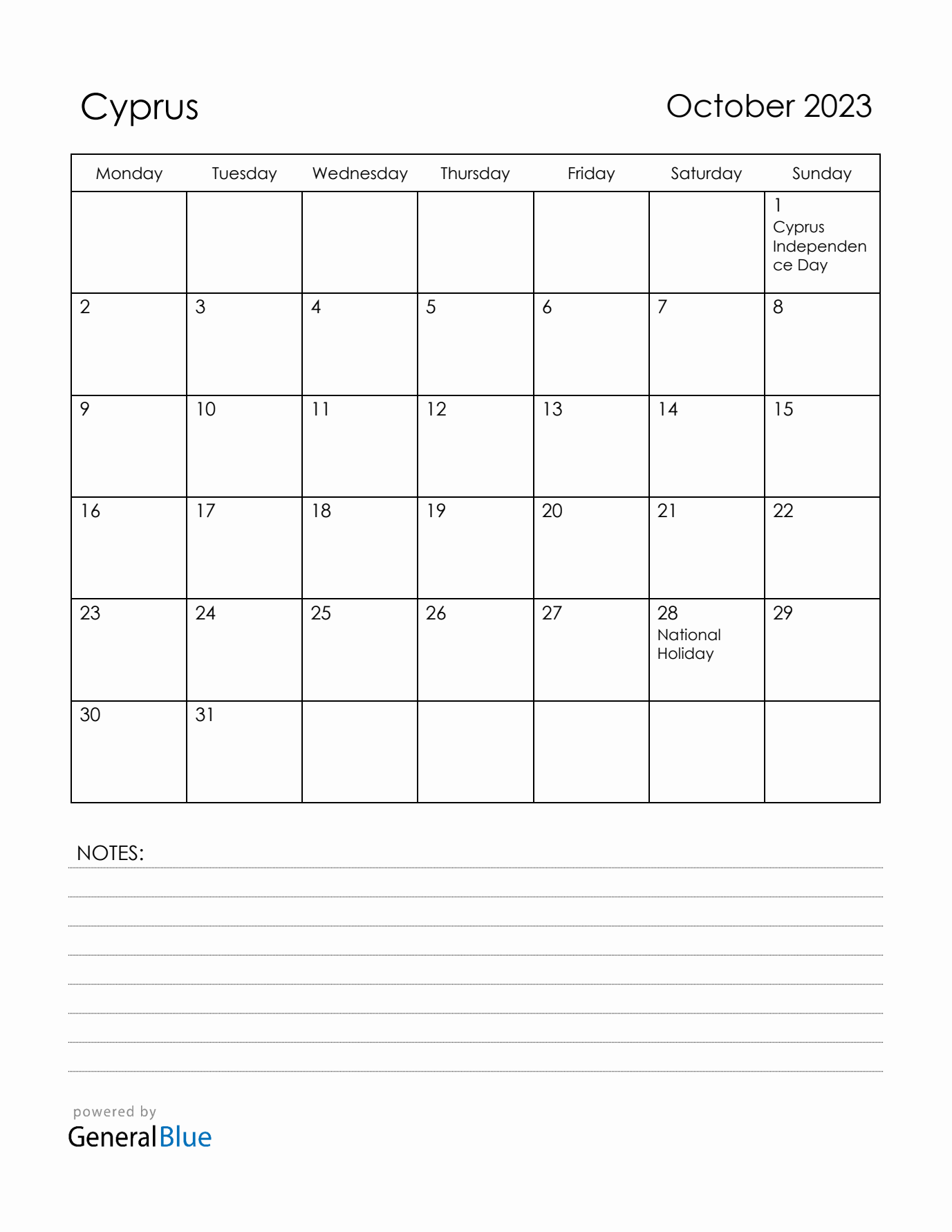 October 2023 Cyprus Calendar with Holidays (Monday Start)