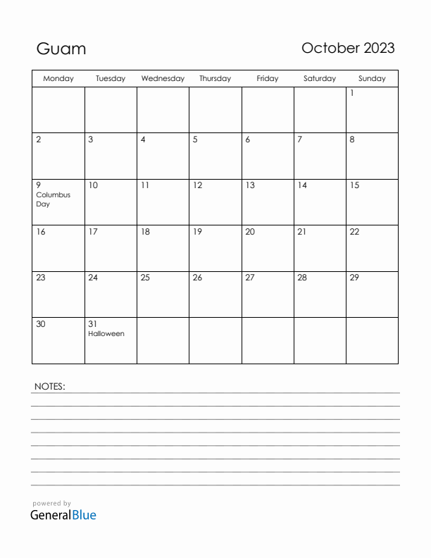 October 2023 Guam Calendar with Holidays (Monday Start)
