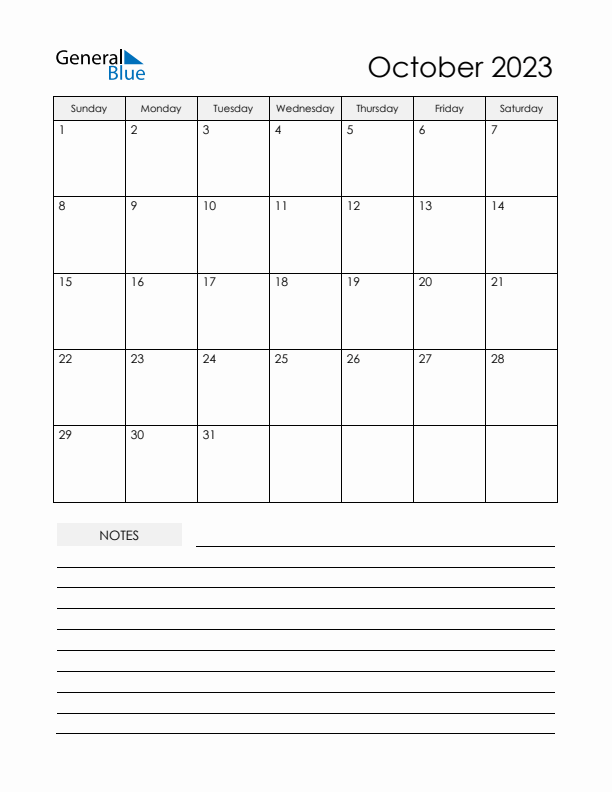 Printable Calendar with Notes - October 2023