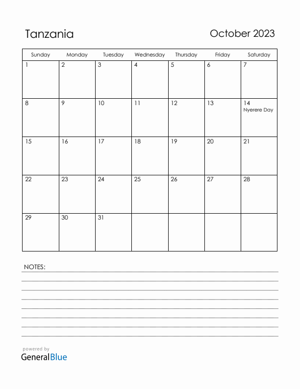 October 2023 Tanzania Calendar with Holidays (Sunday Start)