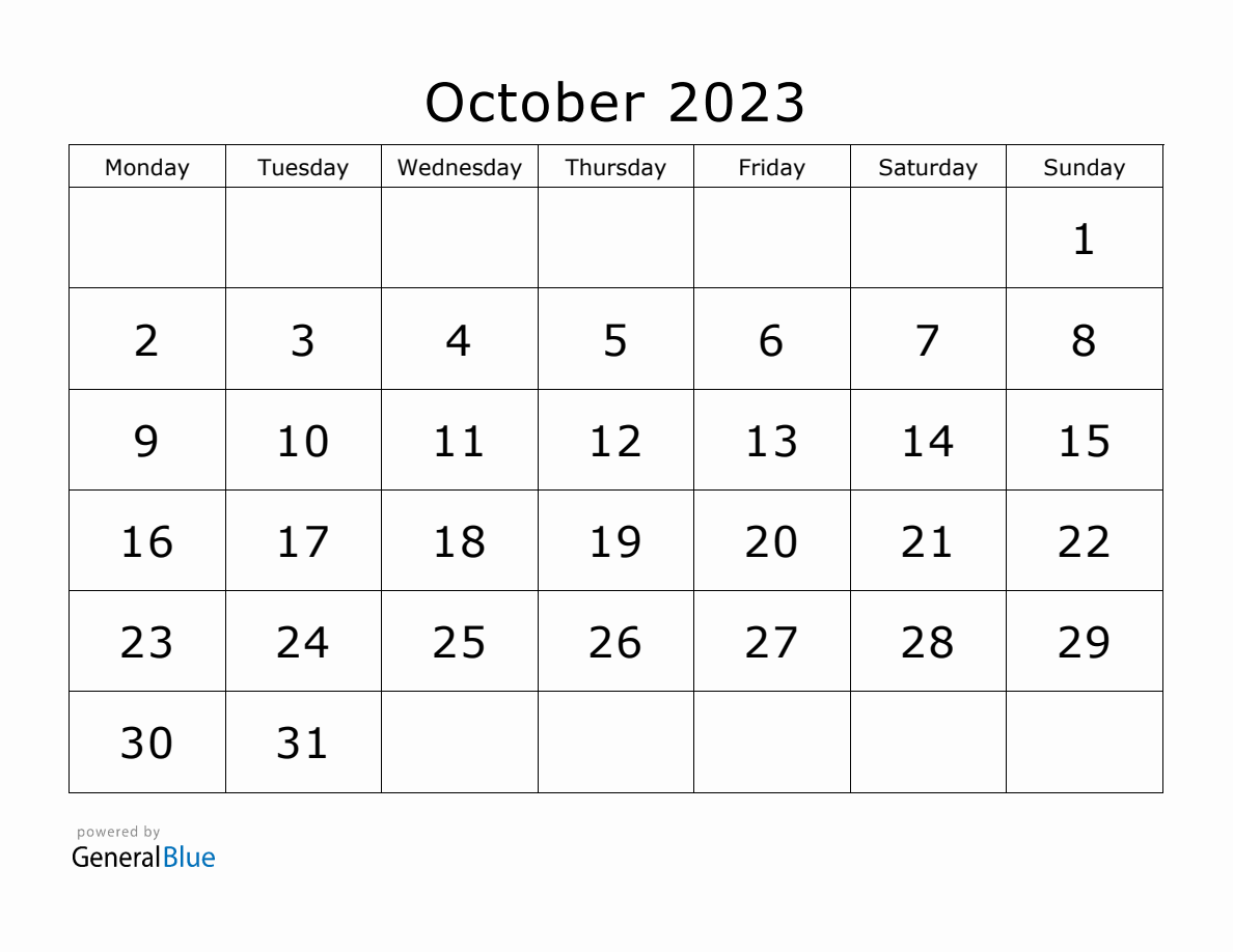 Printable October 2023 Calendar - 2023 10 October Calendar Printable Monday Start En 1188x918