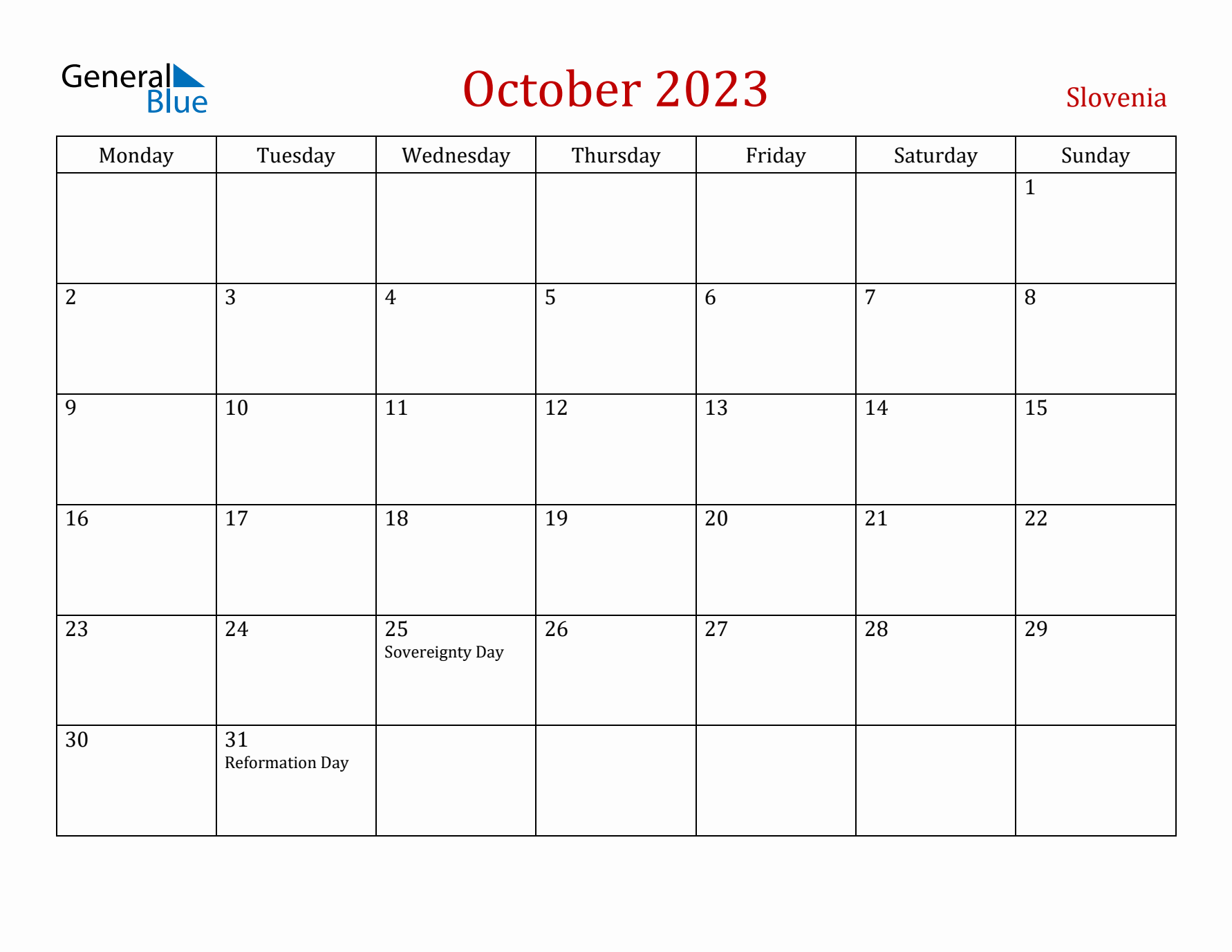 Slovenia October 2023 Calendar - Monday Start