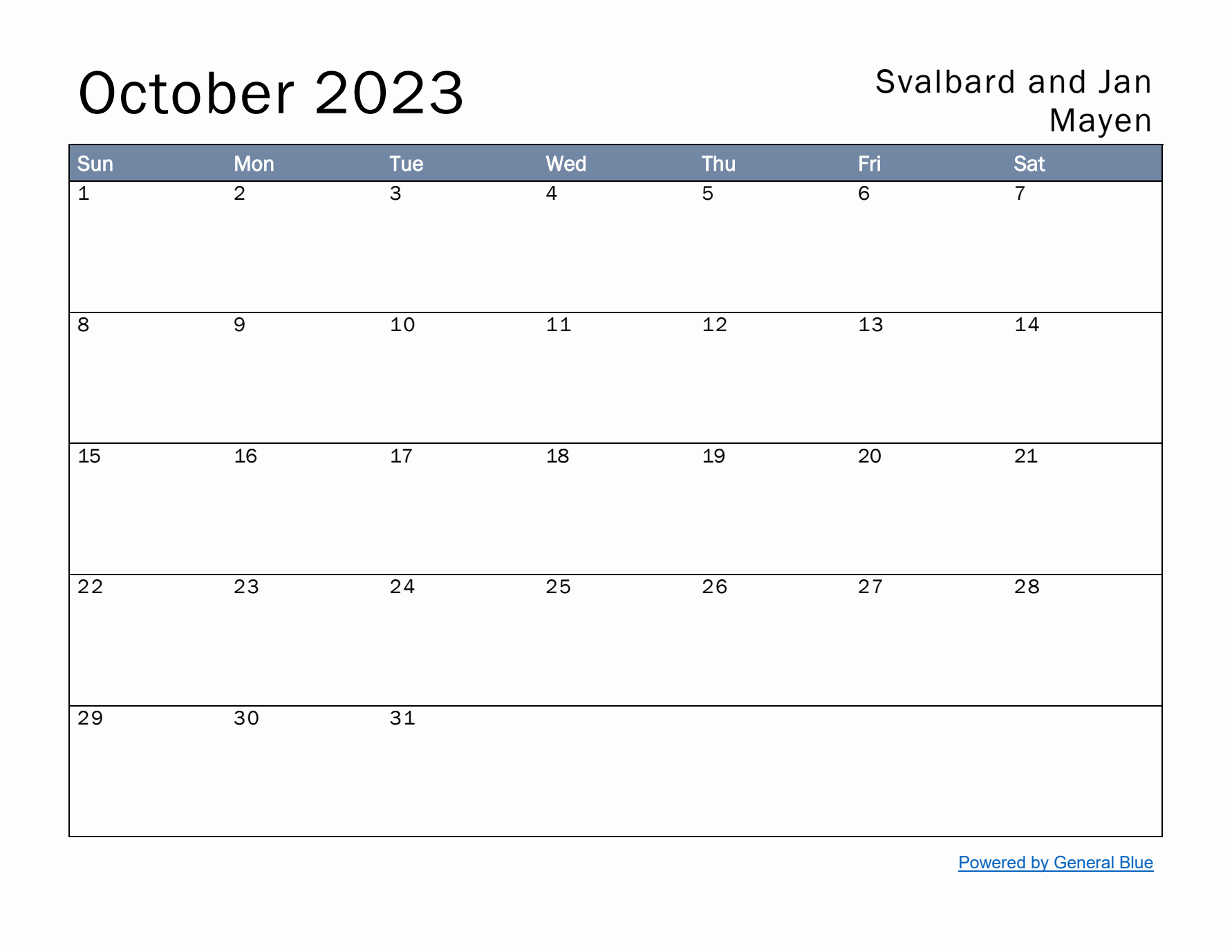October 2023 Simple Monthly Calendar for Svalbard and Jan Mayen