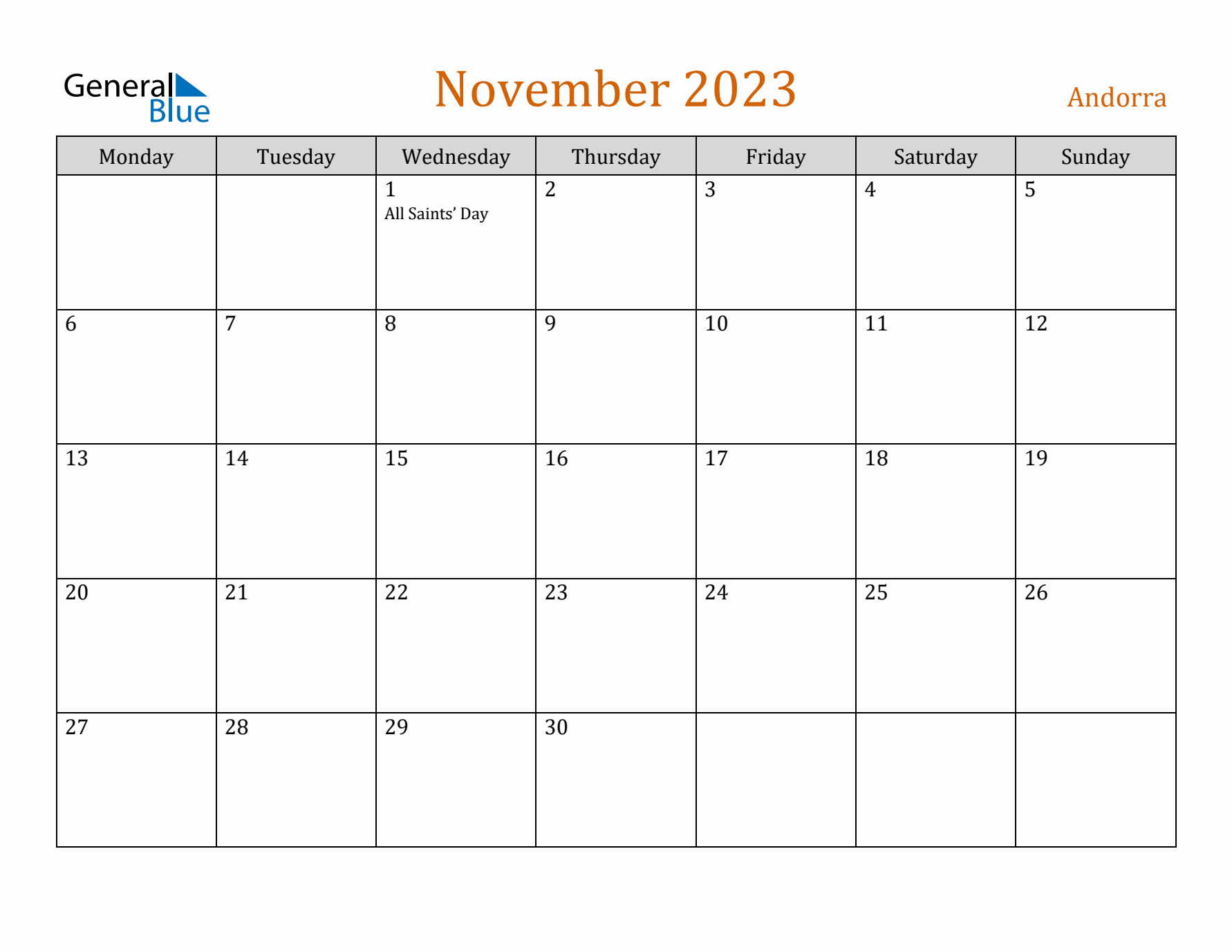 November 2023 Holiday Calendar with Monday Start