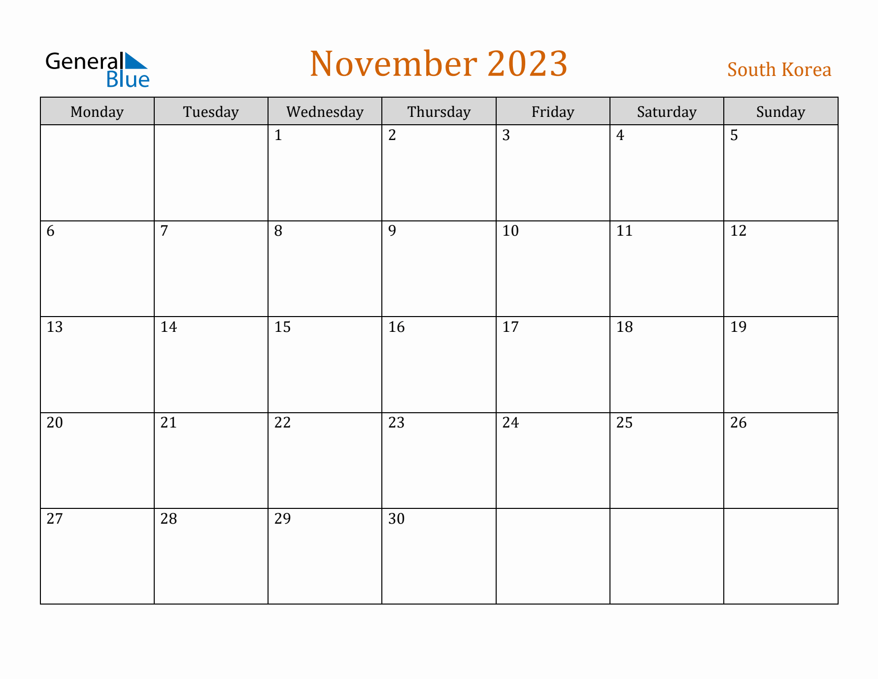 November 2023 Holiday Calendar with Monday Start