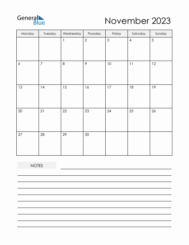 Printable Calendar with Notes - November 2023