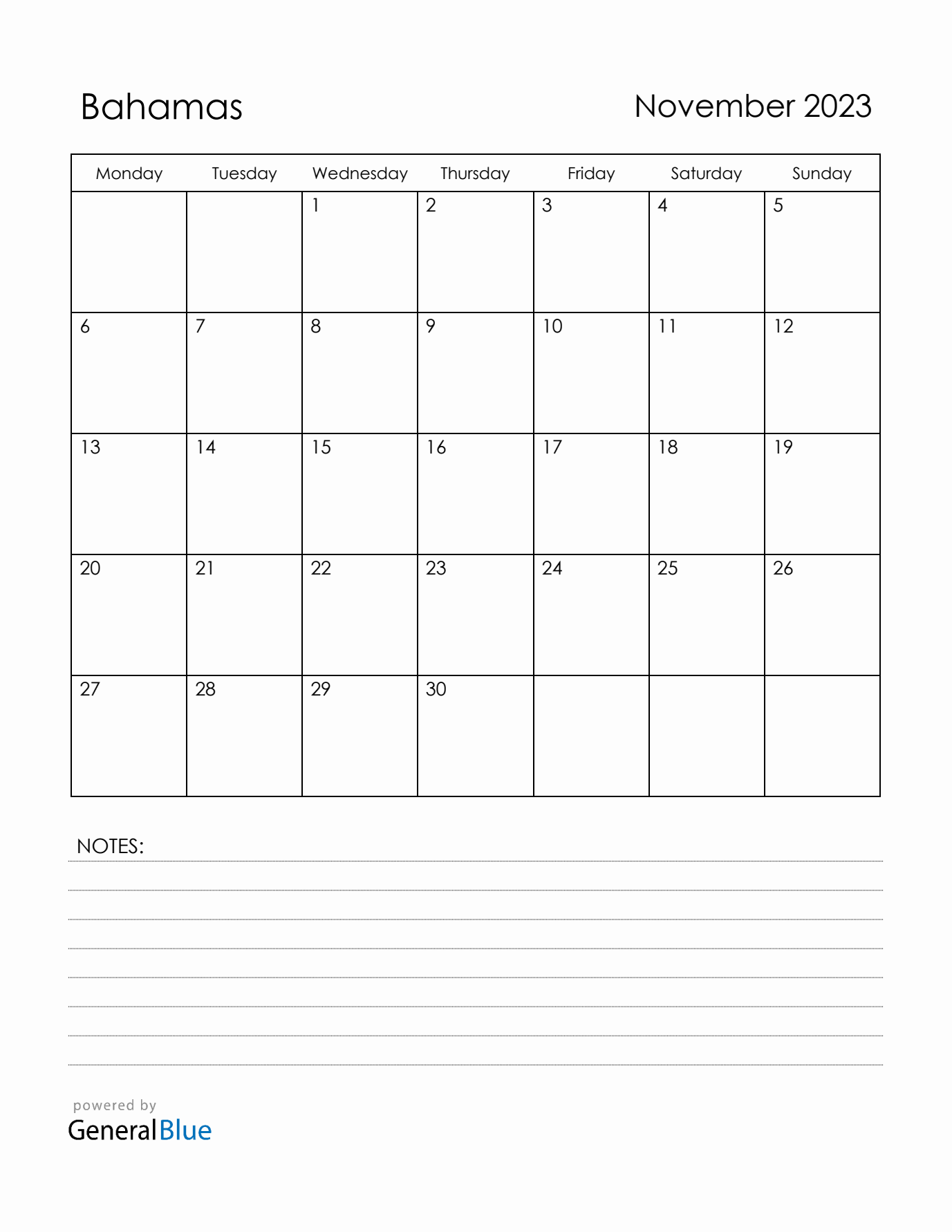 November 2023 Bahamas Calendar with Holidays (Monday Start)