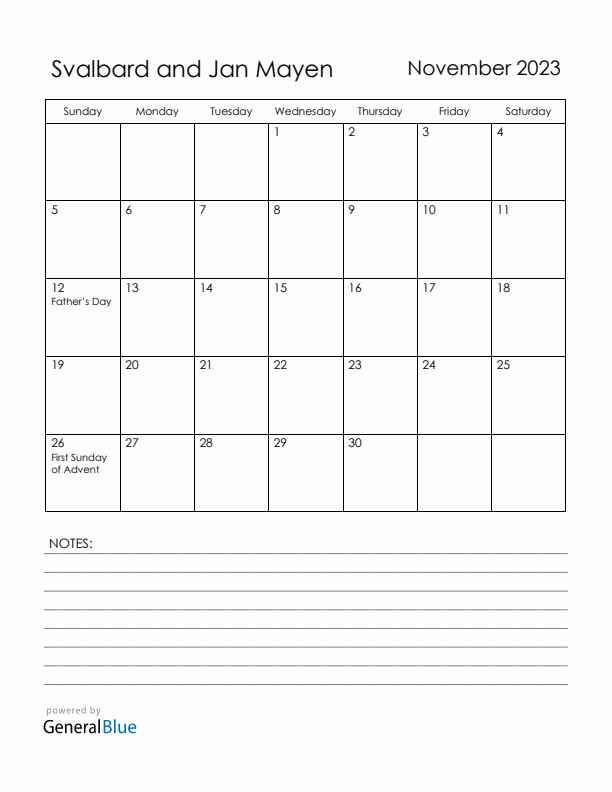 November 2023 Svalbard and Jan Mayen Calendar with Holidays (Sunday Start)
