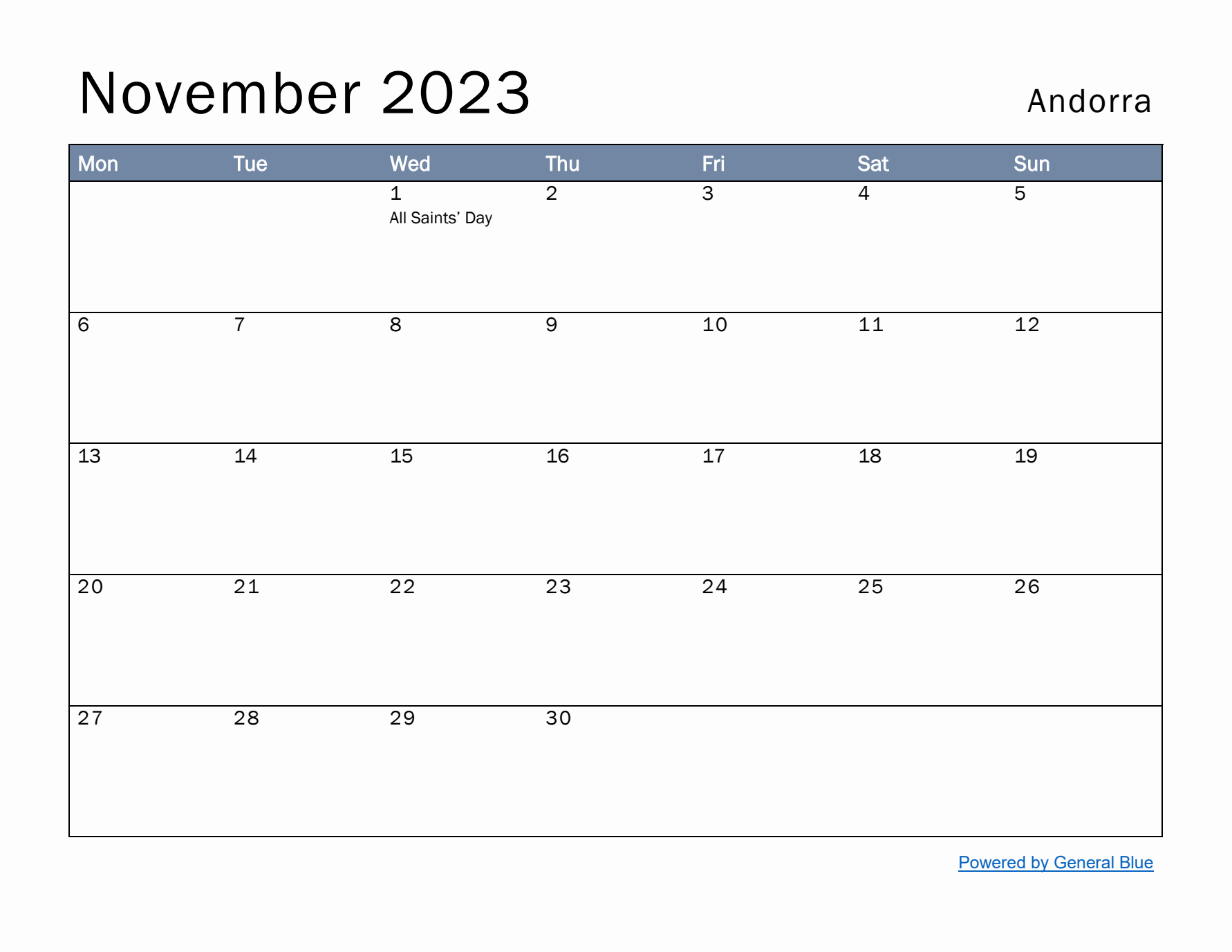 November 2023 Simple Monthly Calendar for Andorra