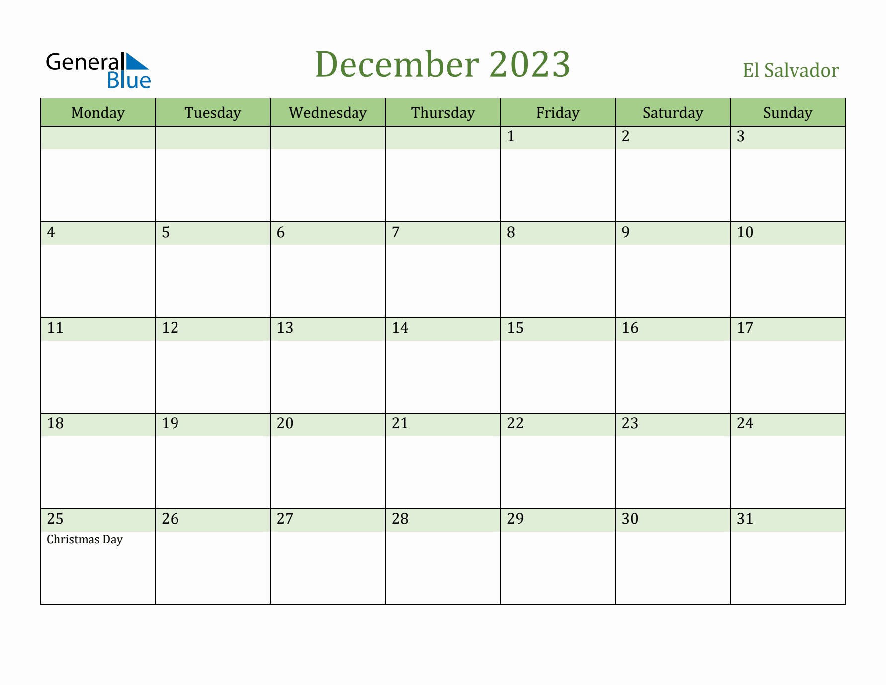 December 2023 Calendar with El Salvador Holidays