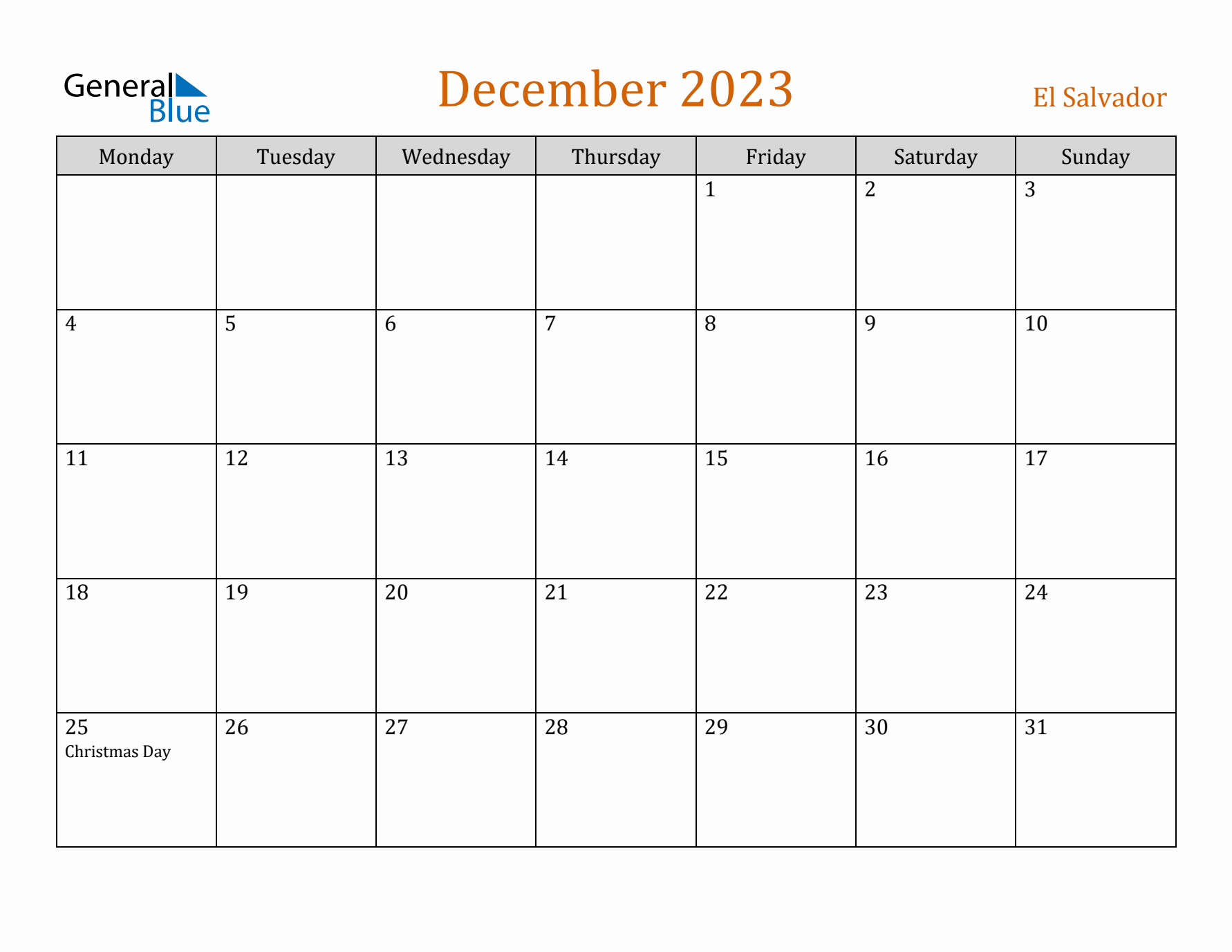December 2023 Holiday Calendar with Monday Start