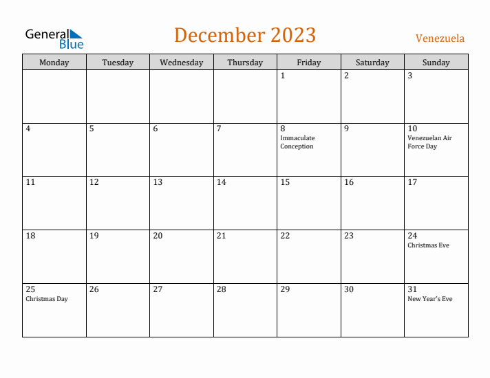 December 2023 Holiday Calendar with Monday Start