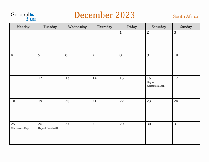 December 2023 Holiday Calendar with Monday Start