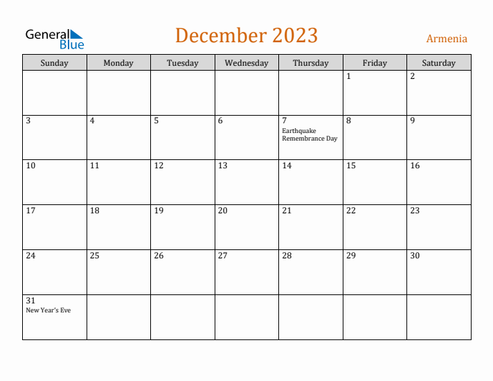 December 2023 Holiday Calendar with Sunday Start