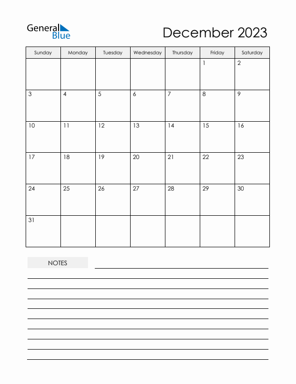 Printable Calendar with Notes - December 2023