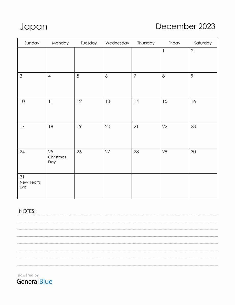December 2023 Japan Calendar with Holidays