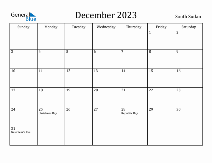December 2023 Calendar South Sudan