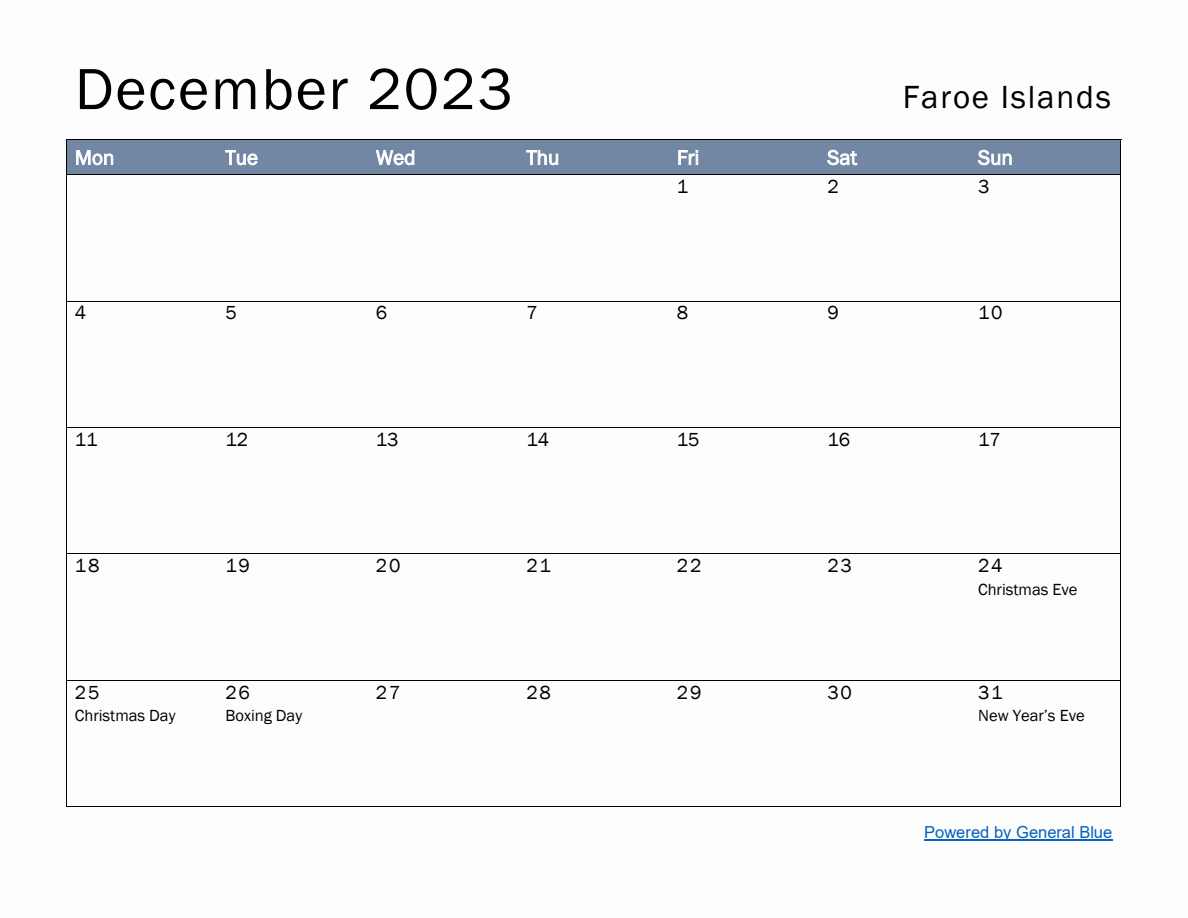 Free Monthly Calendar Template for December 2023 with Faroe Islands ...