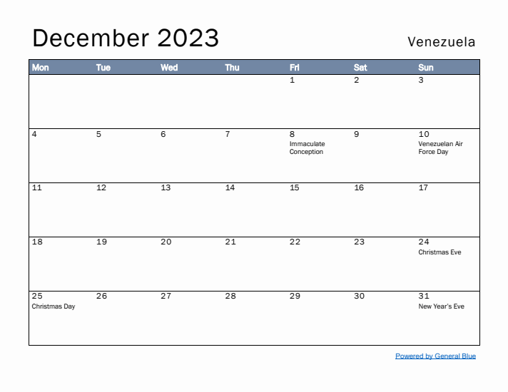 December 2023 Simple Monthly Calendar for Venezuela