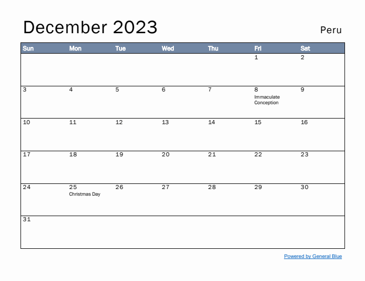 December 2023 Simple Monthly Calendar for Peru
