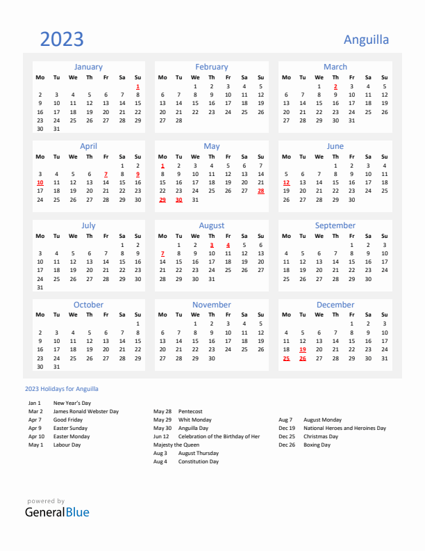 Basic Yearly Calendar with Holidays in Anguilla for 2023