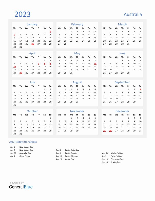 Basic Yearly Calendar with Holidays in Australia for 2023