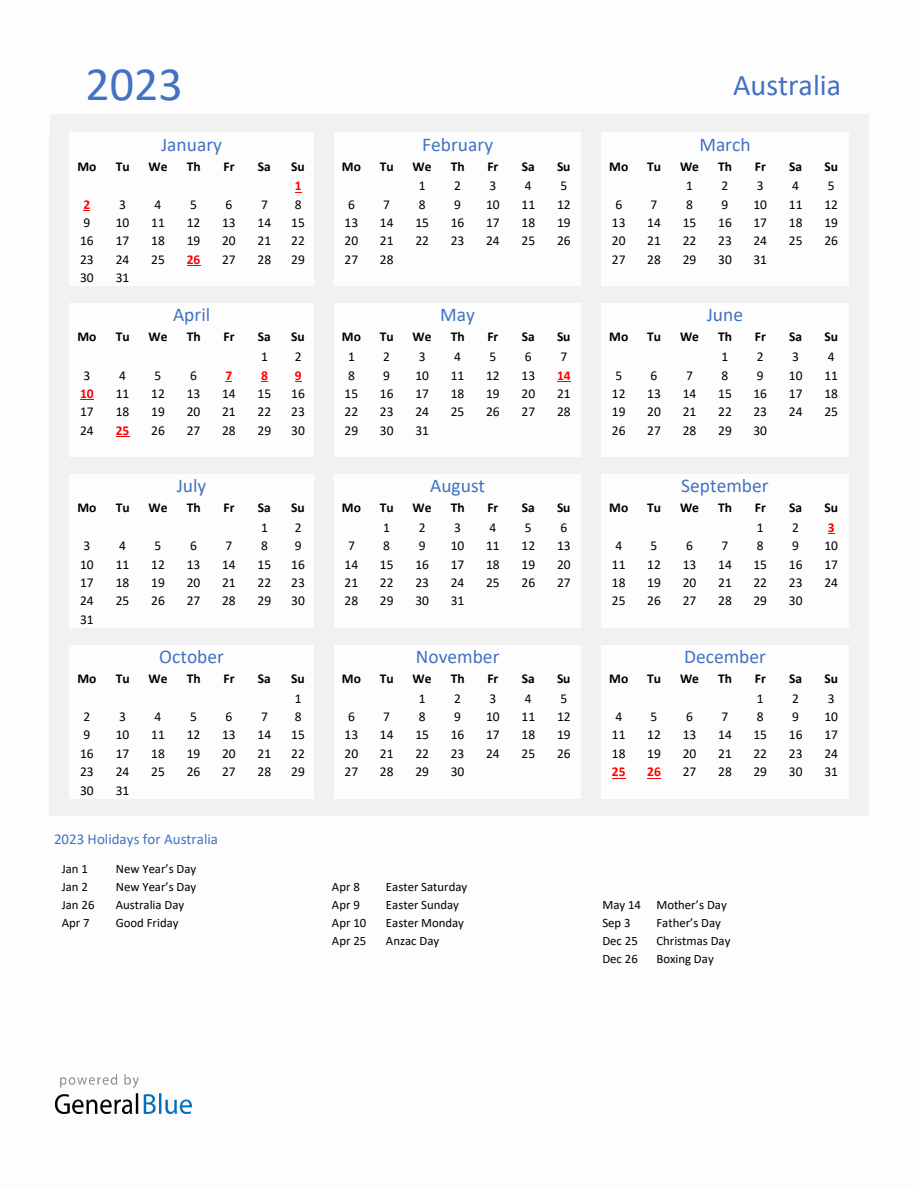 Basic Yearly Calendar with Holidays in Australia for 2023 - Monday Start
