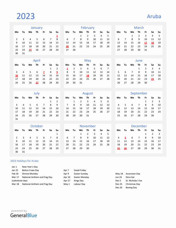 Basic Yearly Calendar with Holidays in Aruba for 2023