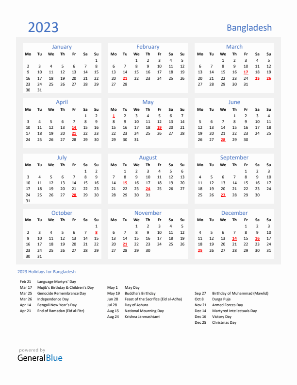 Basic Yearly Calendar with Holidays in Bangladesh for 2023