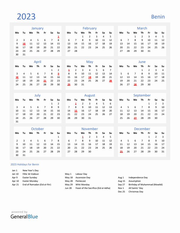 Basic Yearly Calendar with Holidays in Benin for 2023