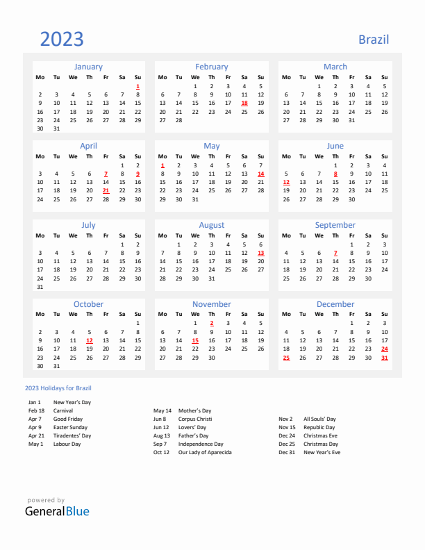 Basic Yearly Calendar with Holidays in Brazil for 2023