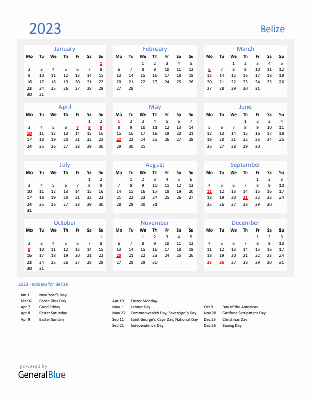 Basic Yearly Calendar with Holidays in Belize for 2023