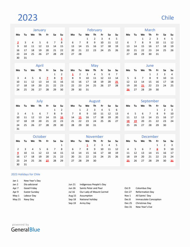 Basic Yearly Calendar with Holidays in Chile for 2023